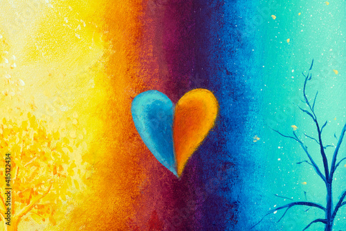 Fényképezés Acrylic painting heart and soul harmony illustration The concept of opposite ene