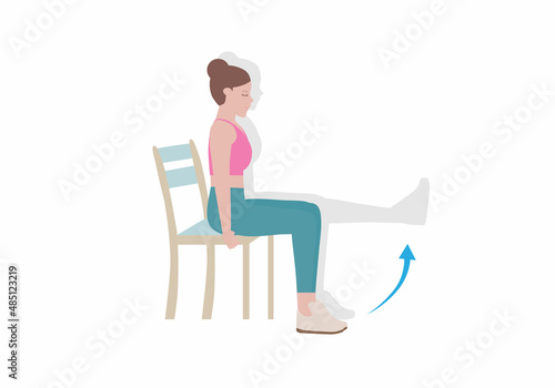 Exercises that can be done at-home using a sturdy chair.
Slowly raise the leg until it is horizontal. Hold for five seconds, and slowly let it return to the ground.  with Knee Extension posture. 