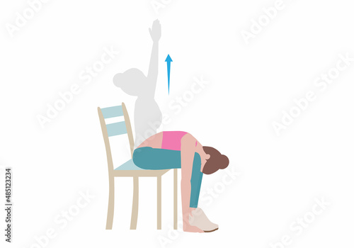 Exercises that can be done using a sturdy chair.
Breathe in and lift your arms up, pressing your palms overhead. On an exhale, float the arms back down to your sides. with Sun Salutation Arms posture.