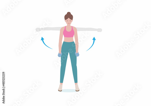 Woman doing exercises with a dumbbell. woman in a pink shirt and blue Long legs. Step by step instruction for doing Side Lateral Raise Shoulder pose. Cartoon style. Fitness and health concepts.