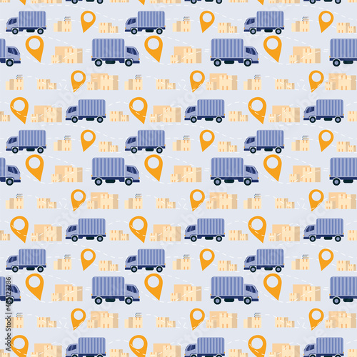 A pattern of transportation of things and furniture. Illustrated truck, packed boxes, vases, books. Location mark and the decorative mark of the route to be taken.