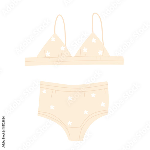 Women vintage swimsuit: bikini top and bottom. Stylish women's beige swimwear with white flowers. Retro beachwear. Vector illustration in cartoon style. Isolated on white background
