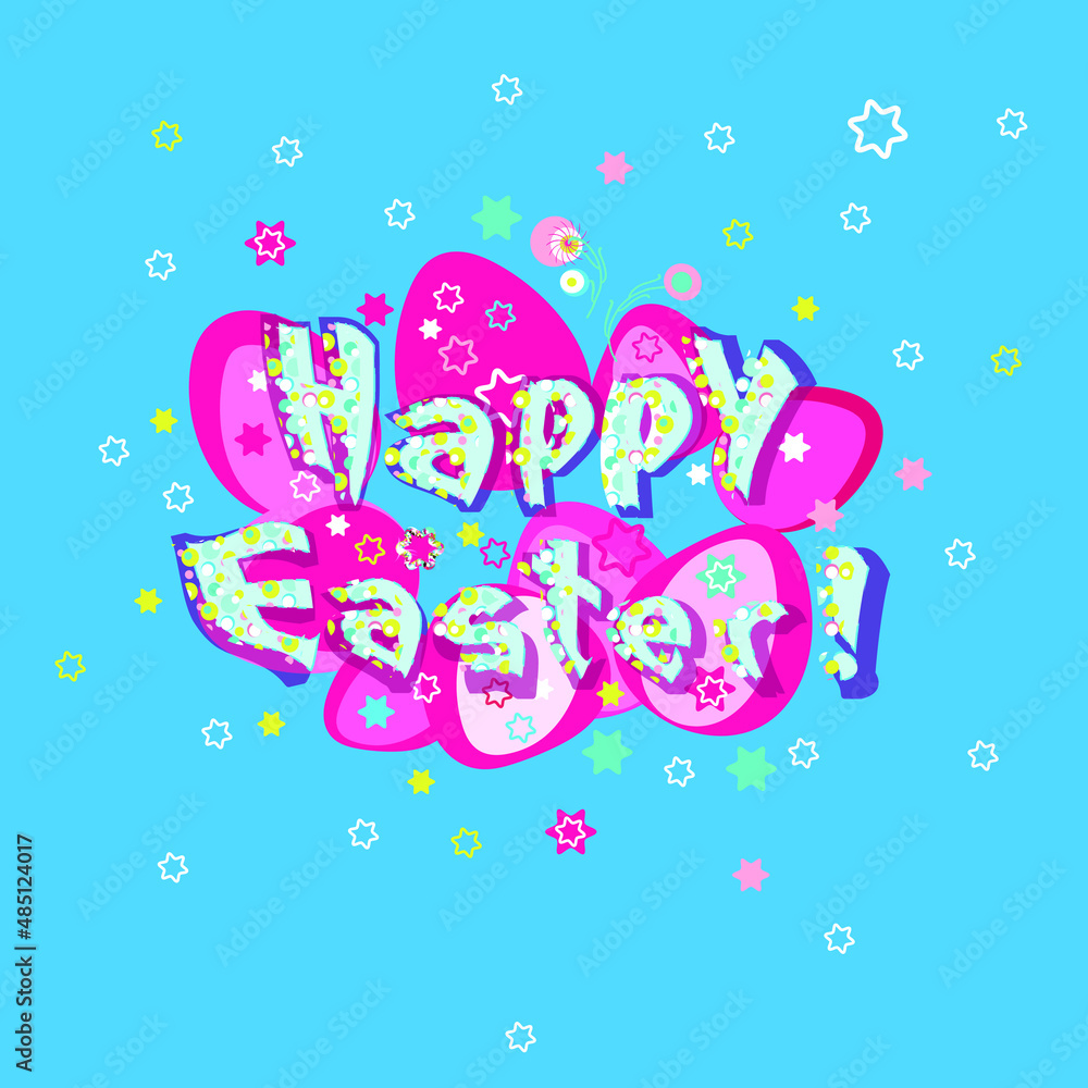A postcard for Easter. Congratulations with a pattern of bright, pink eggs and an inscription - Happy Easter!Blue background. Religion and the feast of Easter communion.