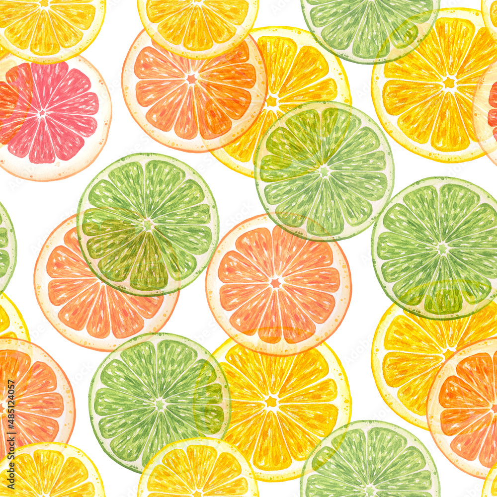Seamless pattern of hand made watercolor citrus. Lemon. Orange. Lime. Grapefruit.