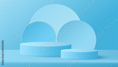 Paper cut of minimal scene with geometric shape of round on blue background. Stage podium to show cosmetic products stage display. Vector illustration