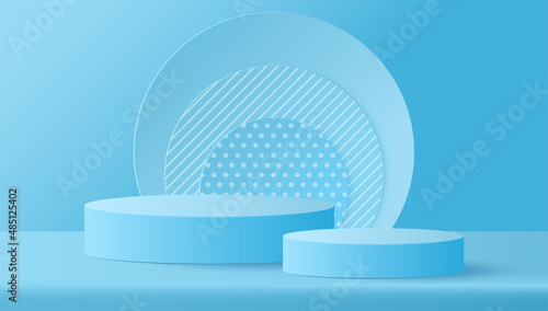 Paper cut of minimal scene with geometric shape of round on blue background. Stage podium to show cosmetic products stage display. Vector illustration
