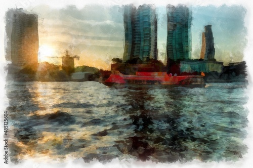 Landscape of the Chao Phraya River in Bangkok watercolor style illustration impressionist painting.