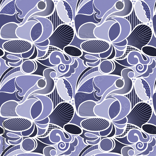 Periwinkle colors. Pantone color veri peri. Flowy shapes with dots, lines and geometric patterns. Seamless repeating pattern. 
