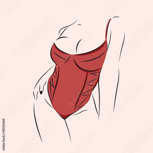 Female body in red corset bodysuit vector illustration. Woman in underwear simple design.