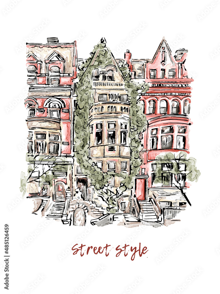 Obraz premium Scene street illustration. Hand drawn ink line sketch New York city in outline style front view. Postcards design. Simple urban sketch for postcards, logos or banners.