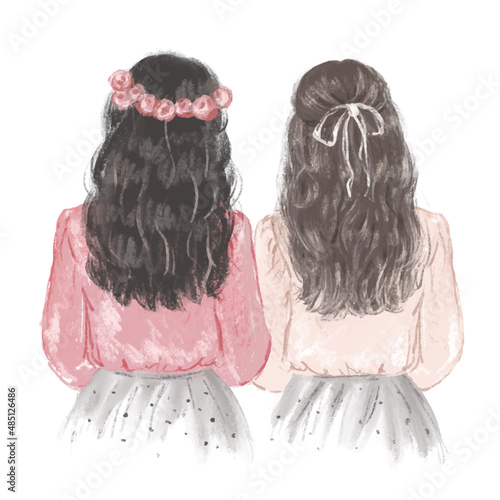 Two girls, best friends in pink blouses. Hand drawn illustration