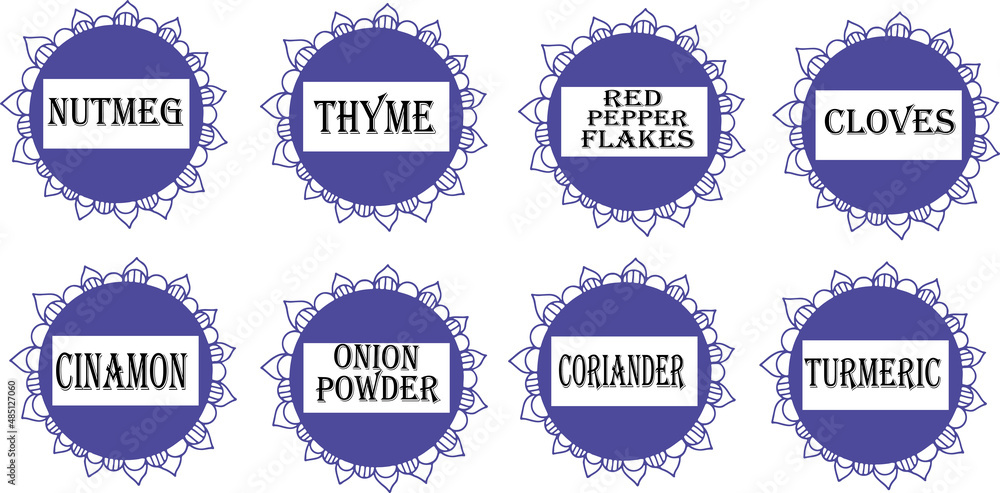 Label set: nutmag, thyme, red pepper, cloves, cinamon, onion, coriander and turmeric
