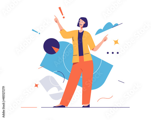 Vector illustration of laughing cheerful young woman expresses emotions. Editable stroke, global swatches