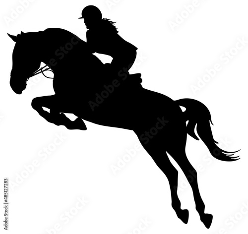 Silhouette of jockey and jumping horse, equestrian sport. Vector illustration