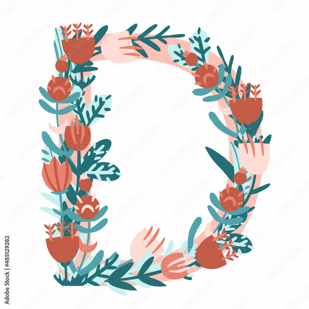 Letter D. Hand drawn vector monogram composed of flowers, branches and leaves on a white background. flowers in flat style.