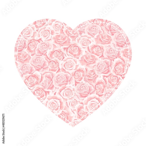 Valentines day pink cream roses filled heart isolated on white background