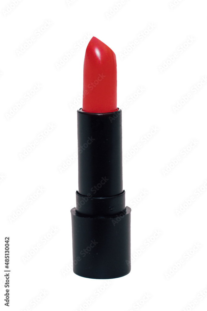 Red modern moisturizing lipstick in black base isolated on white background. Red modern moisturizing lipstick in black base isolated on white background.