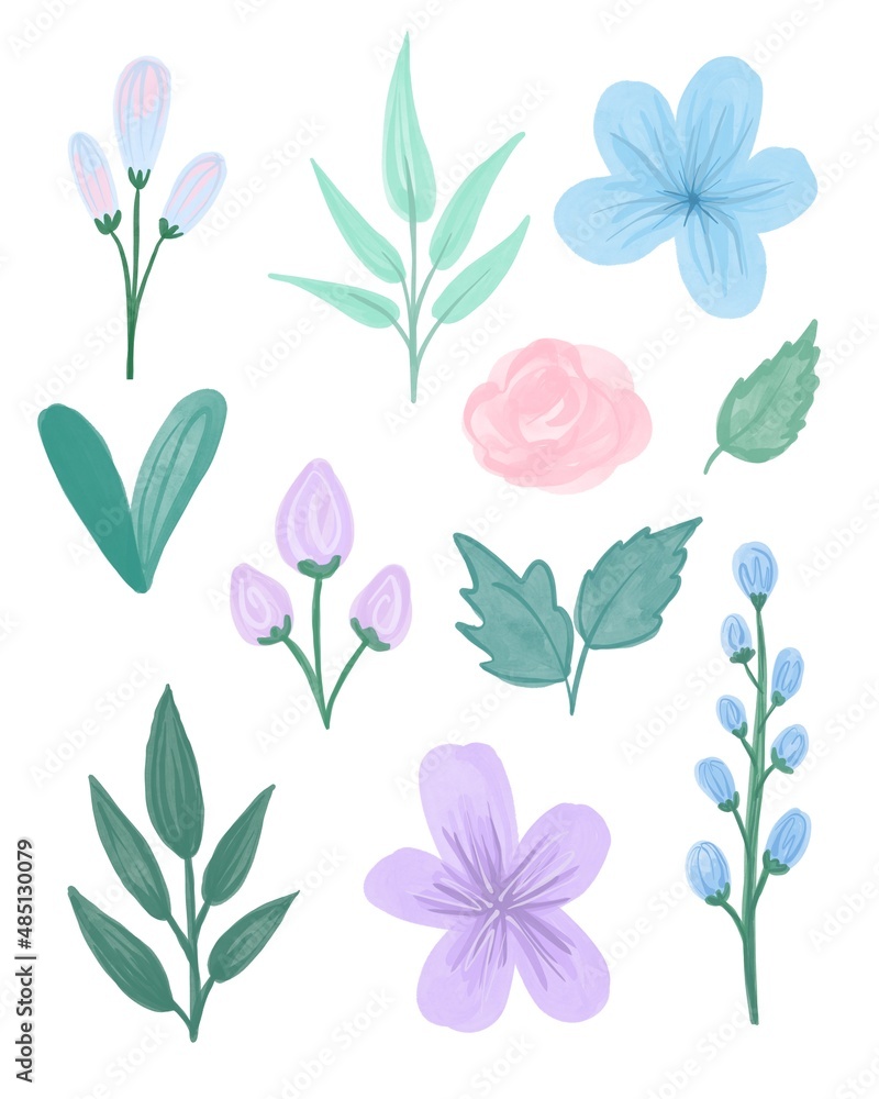 Fototapeta premium Set watercolor elements of Spring flowers and leaves. Collection garden flowers, leaves, branches, buds. Botanic hand drawn aquarelle illustration.