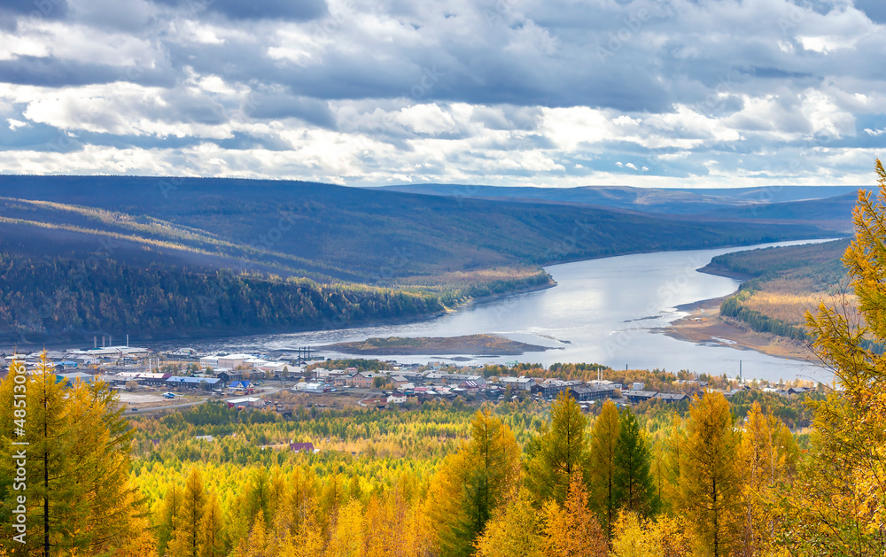 View of the village of Tura - the administrative center of the Evenki district of the Krasnoyarsk Territory in autumn.