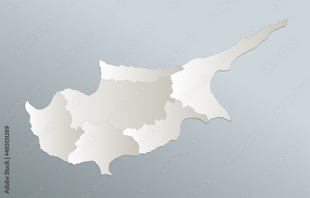 Fototapeta premium Cyprus map, administrative division, blue white card paper 3D blank