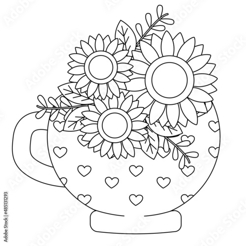The collection about sunflower with teacup or vase in flat vector style. Illustration about flower, floral theme.