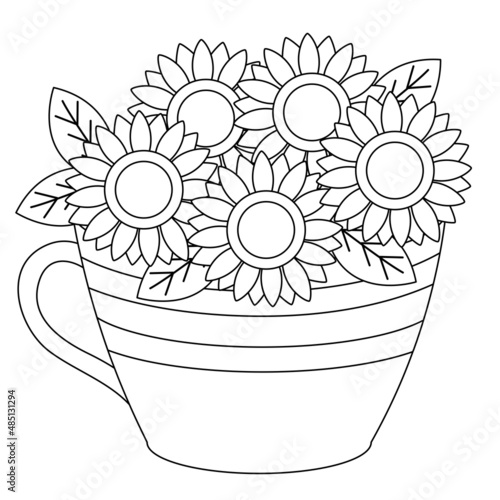 The collection about sunflower with teacup or vase in flat vector style. Illustration about flower, floral theme.