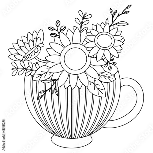 The collection about sunflower with teacup or vase in flat vector style. Illustration about flower, floral theme.