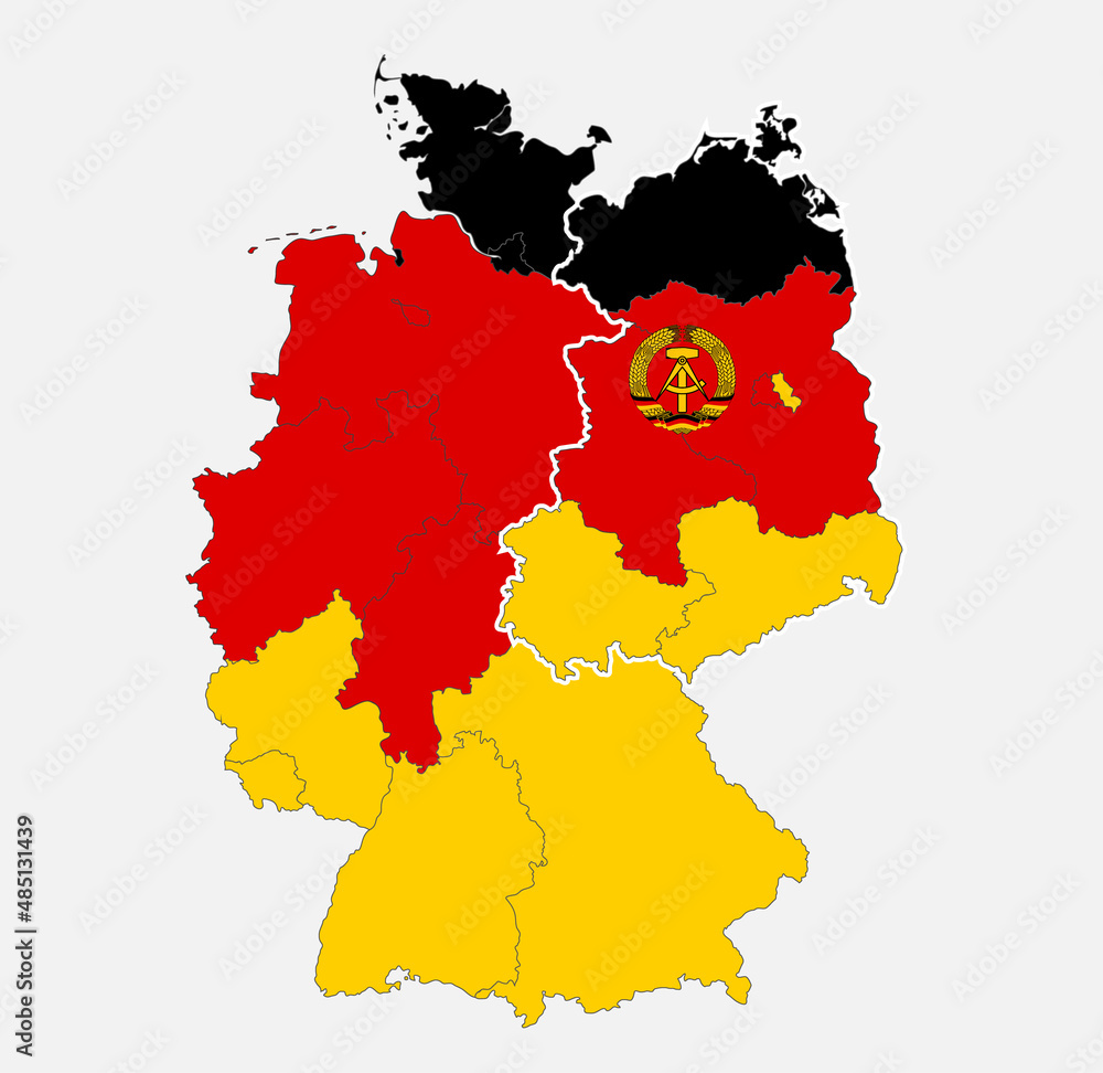 Map of the Germany map divided on West and East Germany with regions in the  colors of the flag with administrative divisions, blank Stock-Illustration  | Adobe Stock