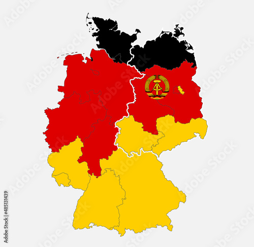 Map of the Germany map divided on West and East Germany with regions in the colors of the flag with administrative divisions, blank photo