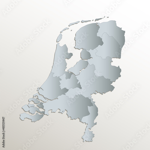 Netherlands map, administrative division, white blue card paper 3D blank