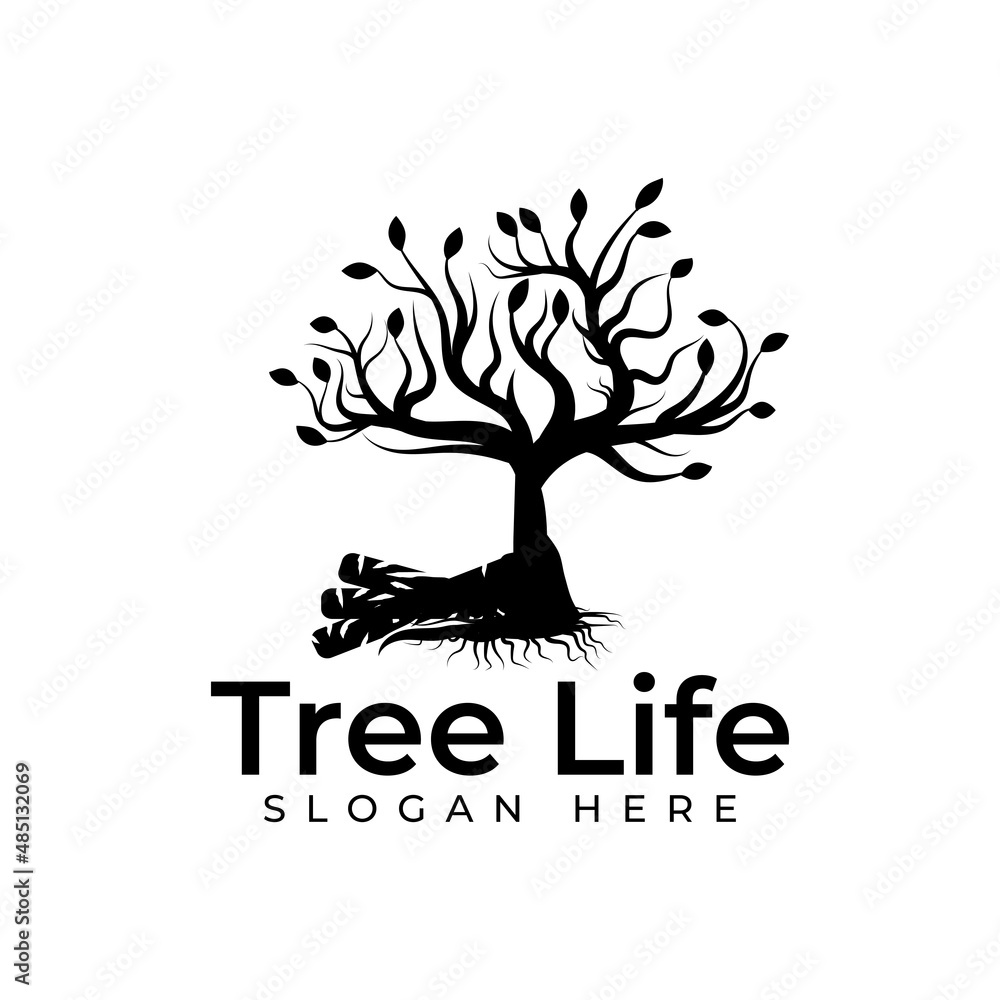 Fototapeta premium Tree and root silhouette isolated on white background. Tree and roots logo style