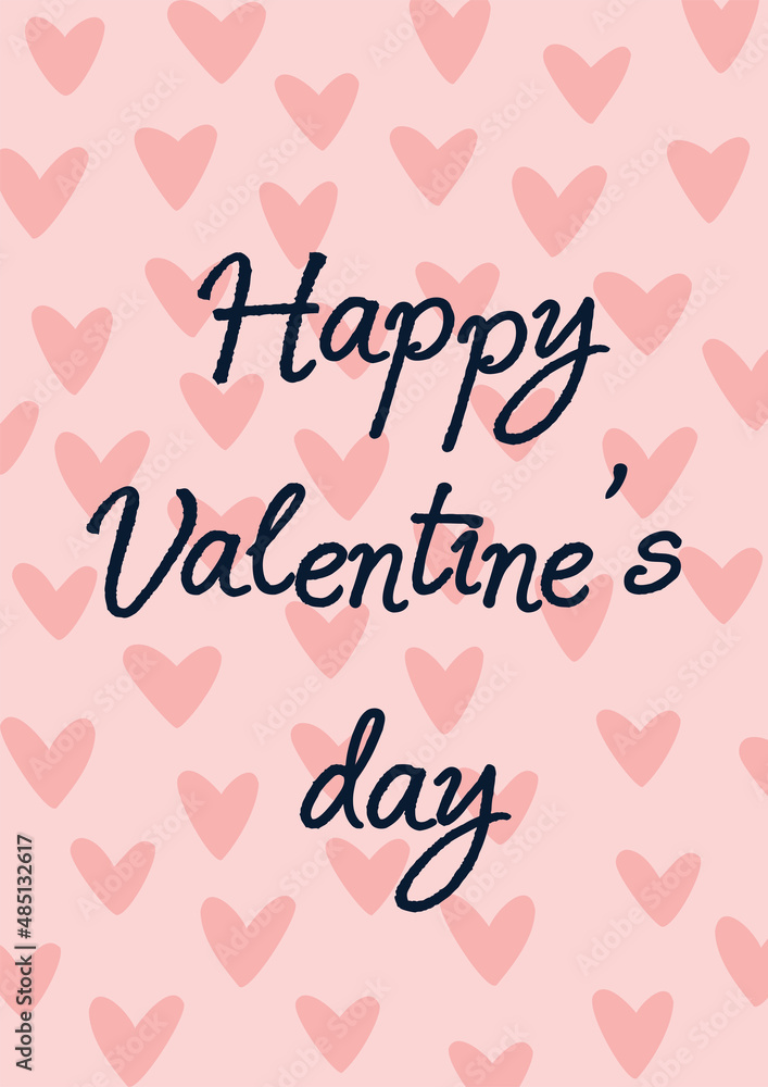 cute card with inscription happy valentine's day and hearts on pink background. flat vector hand drawn illustration.