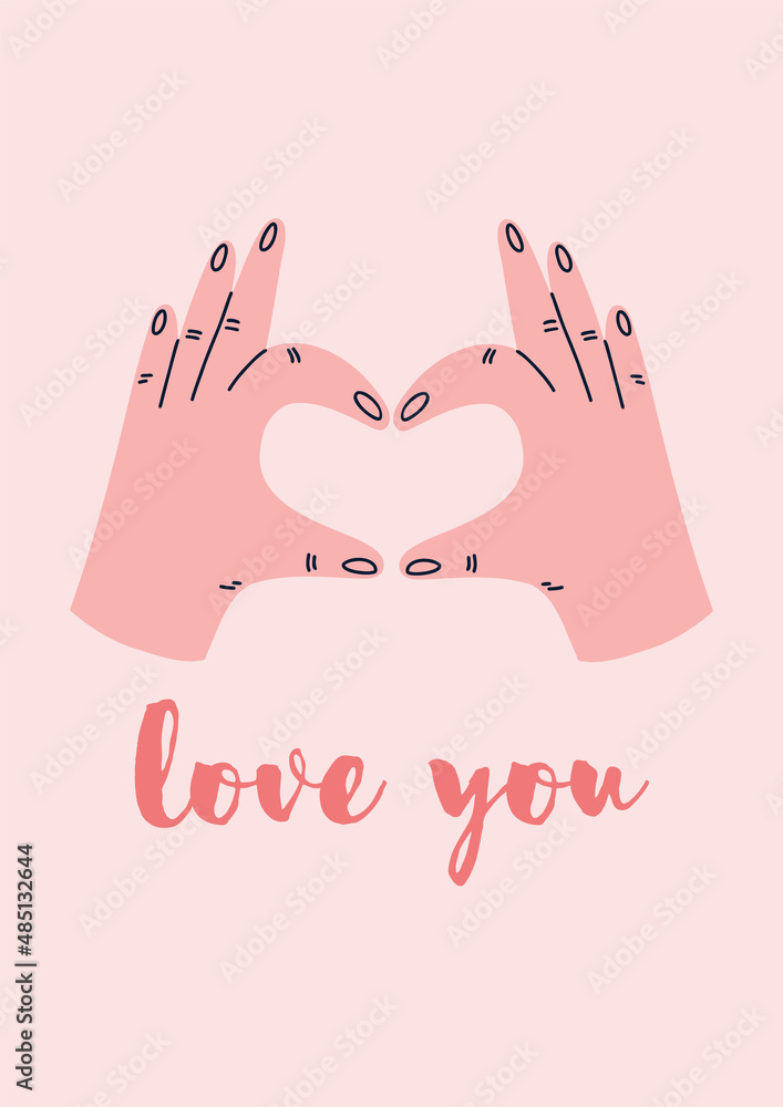 cute card with the inscription love you and hands folded in the shape of a heart symbol. flat vector hand drawn illustration.