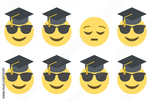 cool faces with graduation cap and one pensive face,emoji concept pattern on a white background,vector illustration