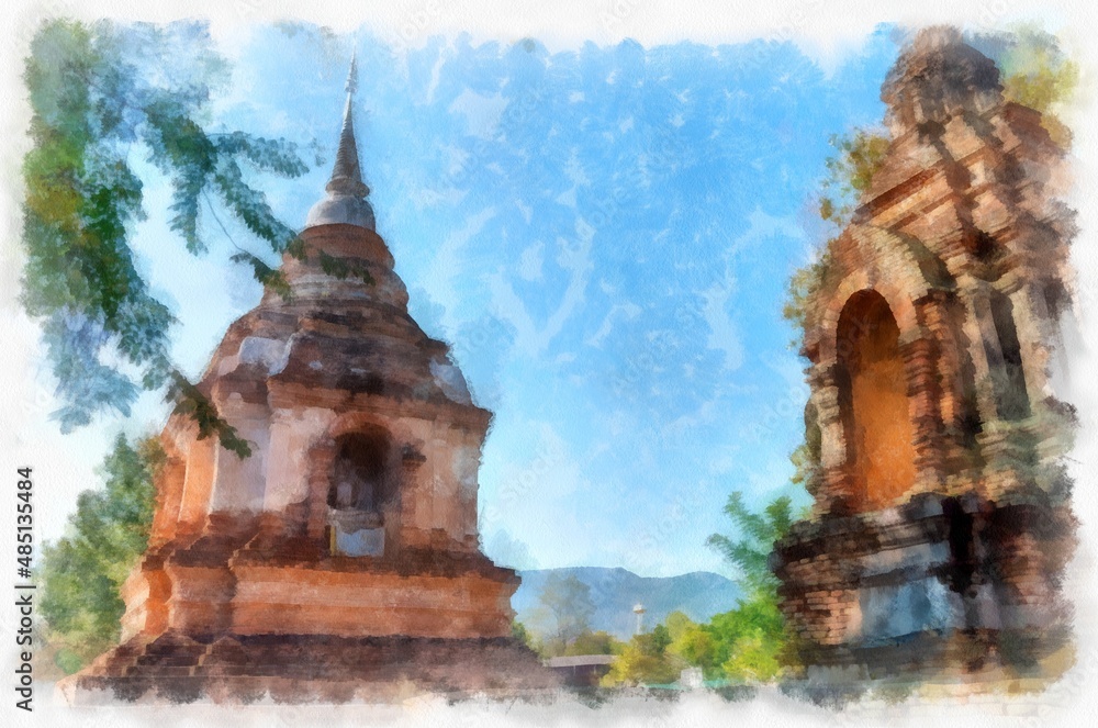 The remains of ancient architecture, art, architecture, art in the north of Thailand have beautiful stucco designs. watercolor style illustration impressionist painting.