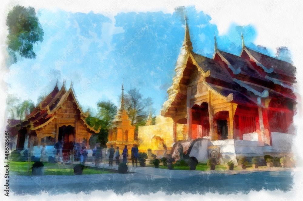 Naklejka premium ancient architecture in northern Thailand watercolor style illustration impressionist painting.