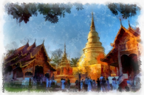 ancient architecture in northern Thailand watercolor style illustration impressionist painting.