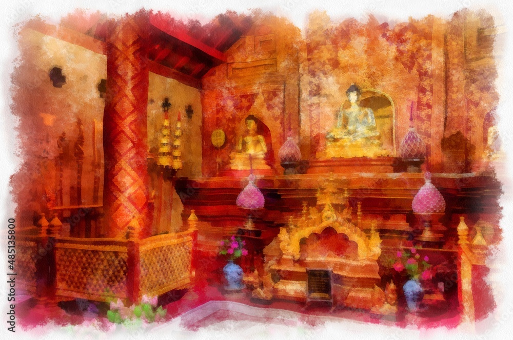 The interior of the ancient architecture in the north, the art of Thai architecture watercolor style illustration impressionist painting.