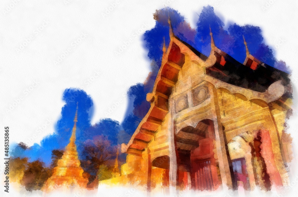 ancient architecture in northern Thailand watercolor style illustration impressionist painting.