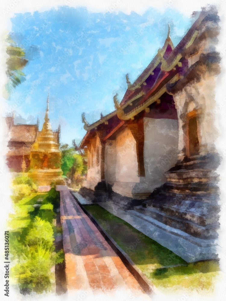 ancient architecture in northern Thailand watercolor style illustration impressionist painting.