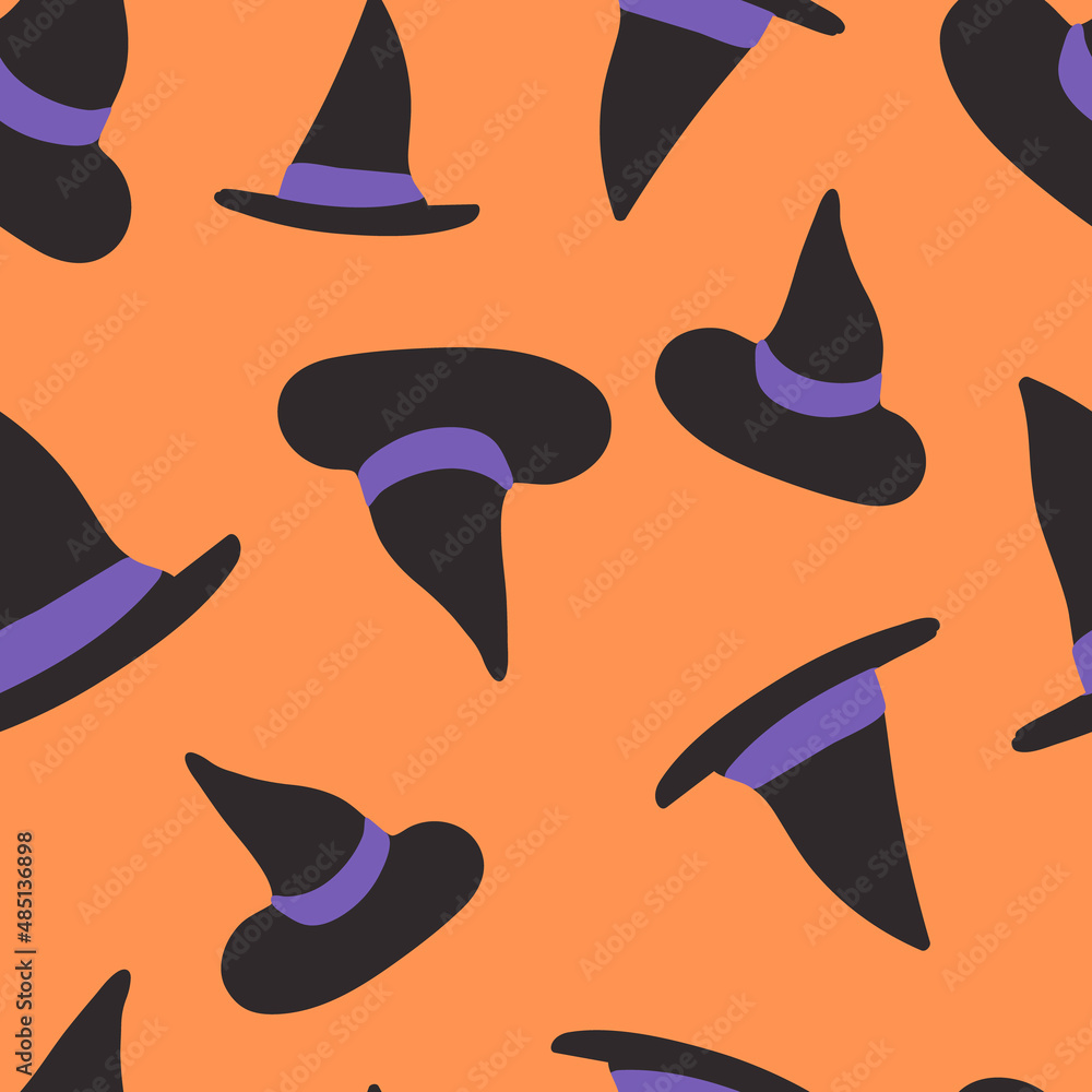 Halloween seamless vector repeat pattern with witch hats with purple ribbons tossed on bright orange background. Adorable cute modern sophisticated Halloween backdrop. 2 directional all over pattern. Halloween seamless vector repeat pattern with witch hats with purple ribbons tossed on bright orange background. Adorable cute modern sophisticated Halloween backdrop. 2 directional all over pattern.