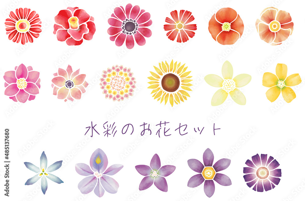 水彩風パステルカラーのお花セット ベクター素材 水彩風パステルカラーのお花セット ベクター素材