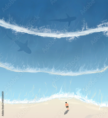 Принти на полотні A man stands on a beach as a bull shark and a reef shark swim by in this 3-d illustration about dangers of swimming in the ocean