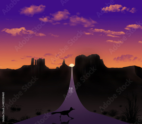A sunset in a western USA landscape features a highway fading into the distance with a roadrunner crossing the road. This is a 3-d illustration.