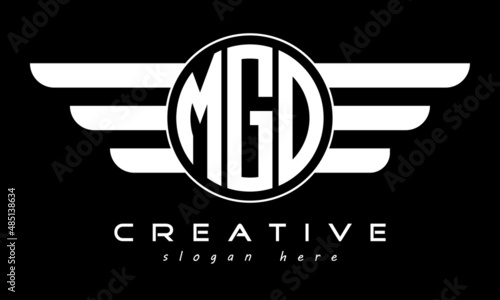 MGO three letter monogram type circle letter logo with wings vector template.