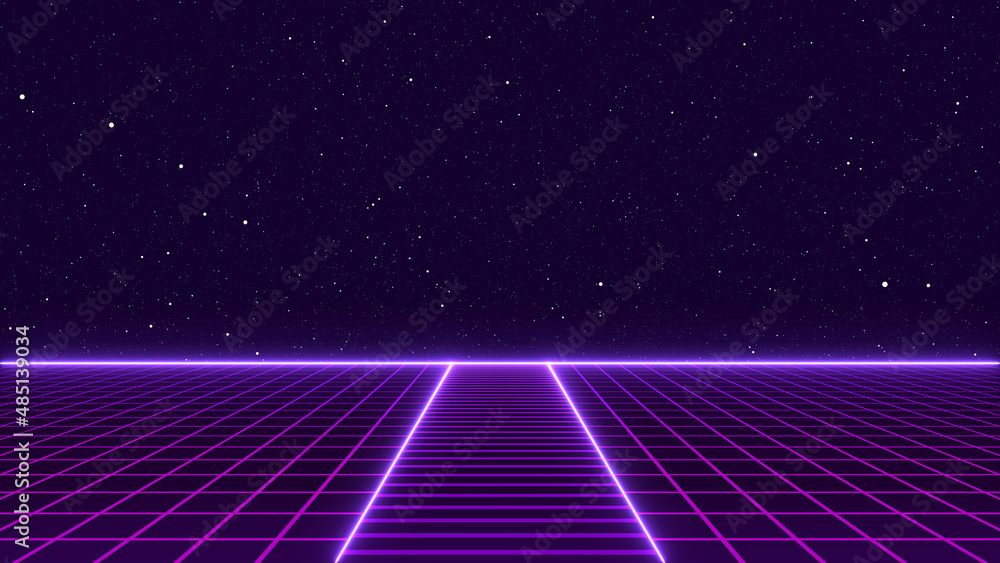 80s Retro Sci-Fi Background Futuristic Grid landscape. Digital cyber surface style of the 1980s. 3D illustration