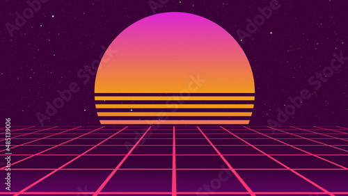 80s Retro Sci-Fi Background Futuristic Grid landscape. Digital cyber surface style of the 1980s. 3D illustration