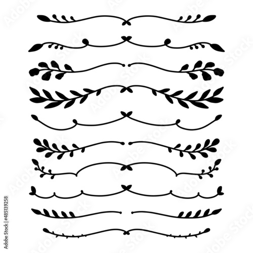 Set of hand drawn floral elements isolated on white background. Silhouette branches for books, greeting cards, invitations, web. Doodle style.