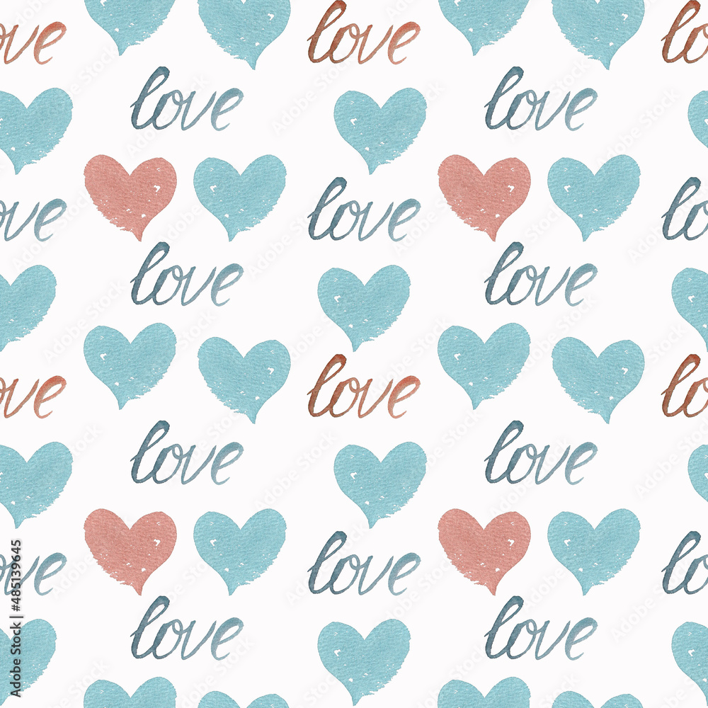 Seamless pattern with watercolor romantic elements. Hand drawn illustration for wrapping paper, textile, decorations.