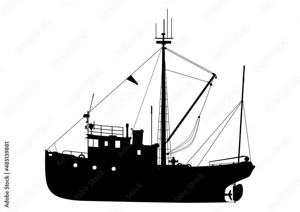 Silhouette of fishing boat. Side view of small fishing trawler. Vector.  Stock Vector